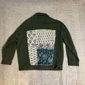 Erin Made Unique Green Denim Jacket with Patchwork Back Size M